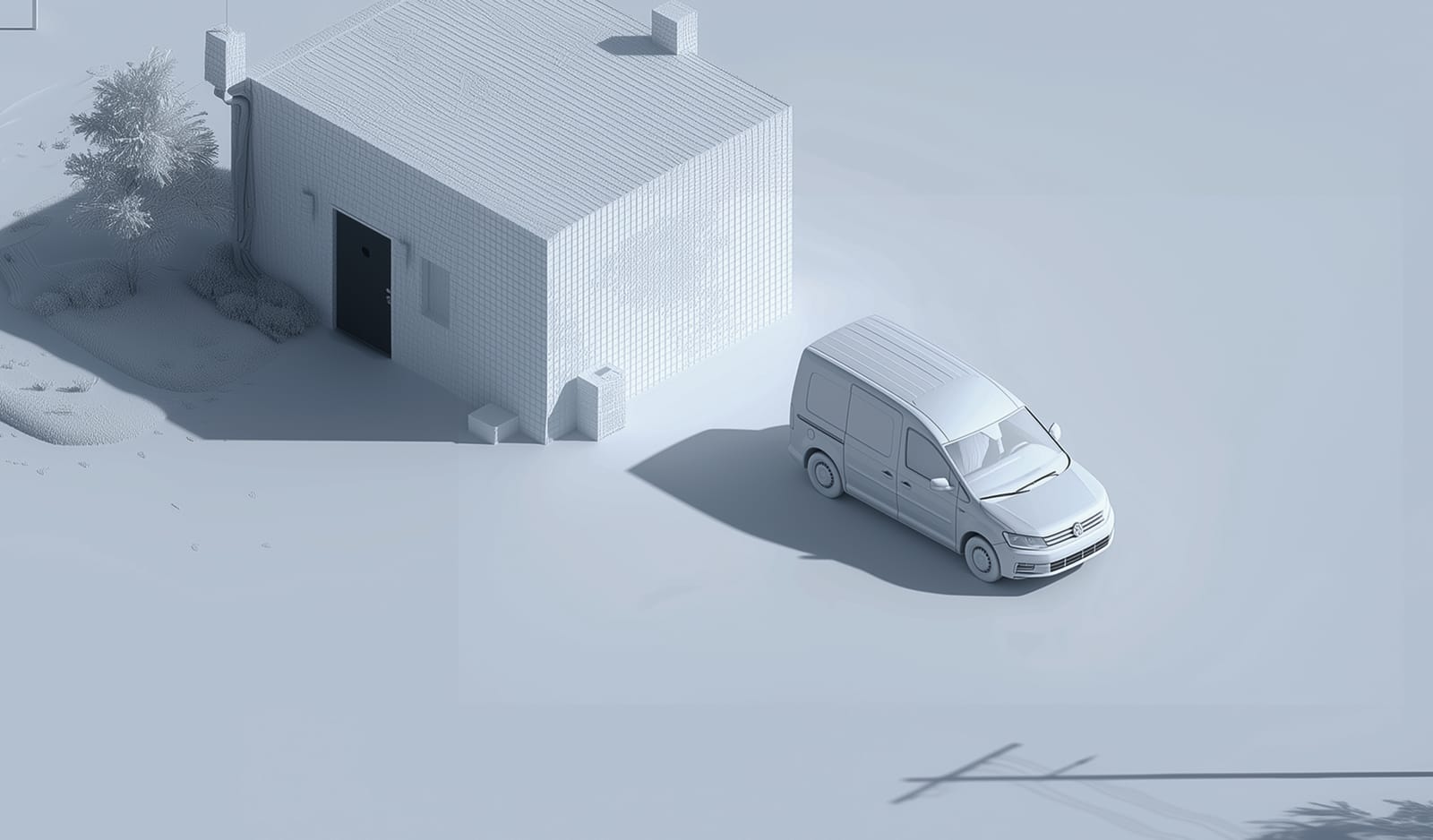 Minimalist 3D scene: a delivery van next to a house